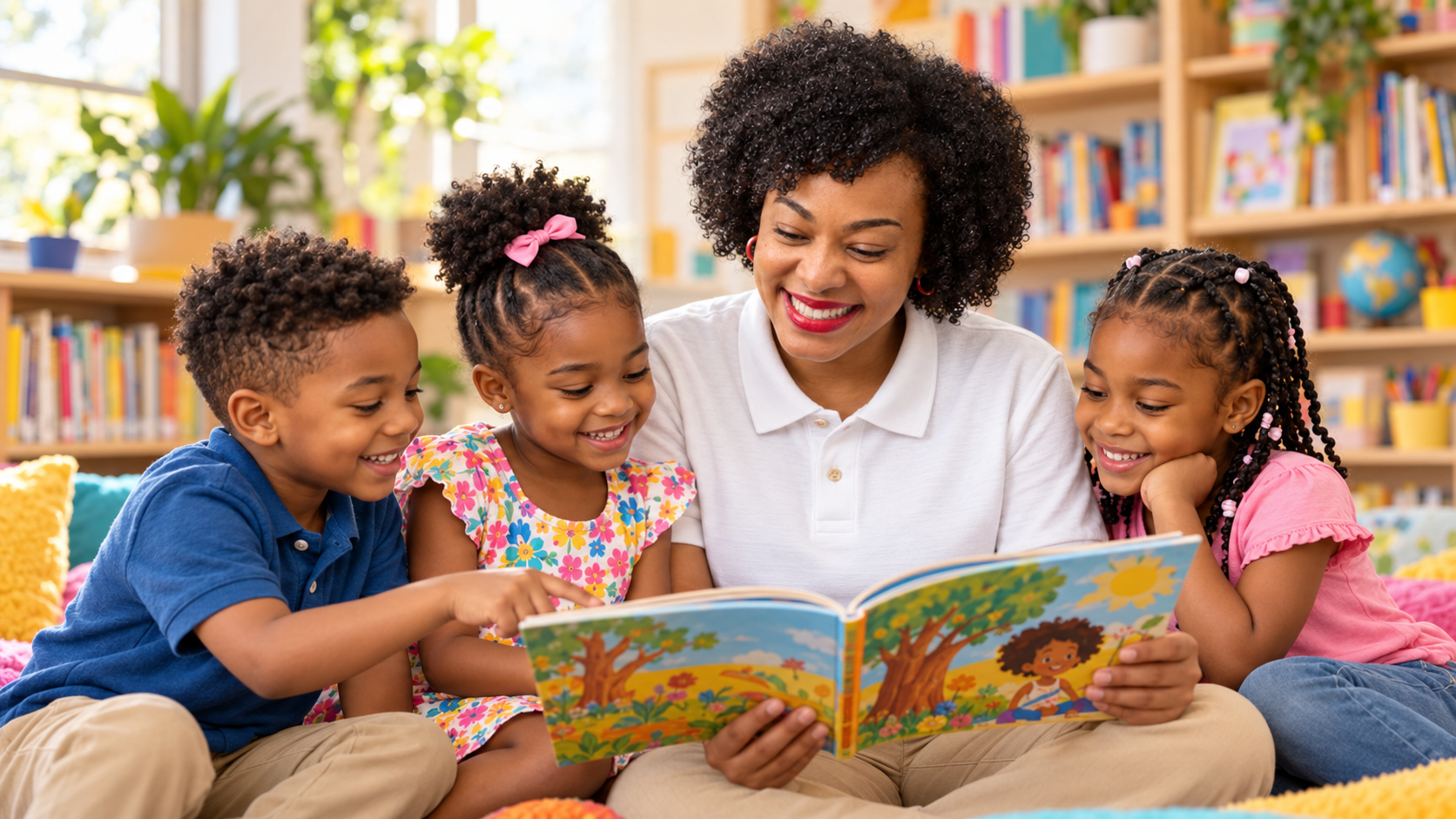 Aunty Jodi reading a colorful book with three children